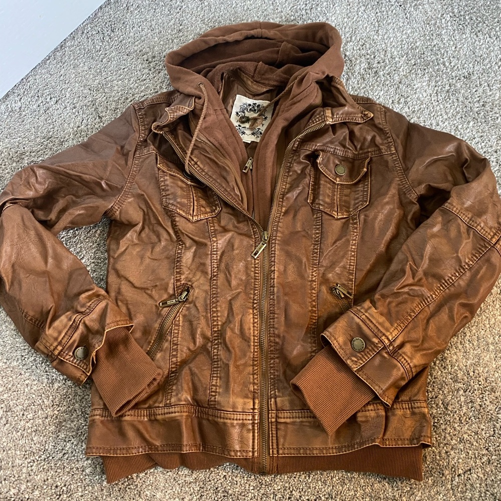 Tan hooded leather jacket